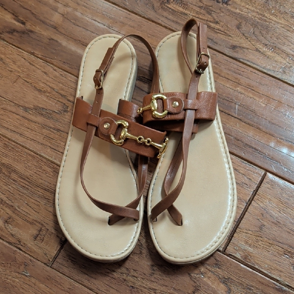 Avellini Brown Leather Sandals with Horsebit Gold Accents